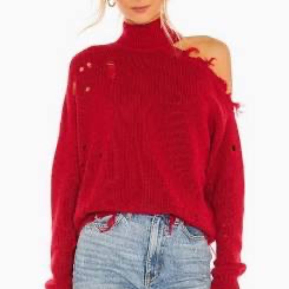 Lovers + Friends Arlington NWT Distressed Ripped Cold Shoulder Red Sweater Sz M